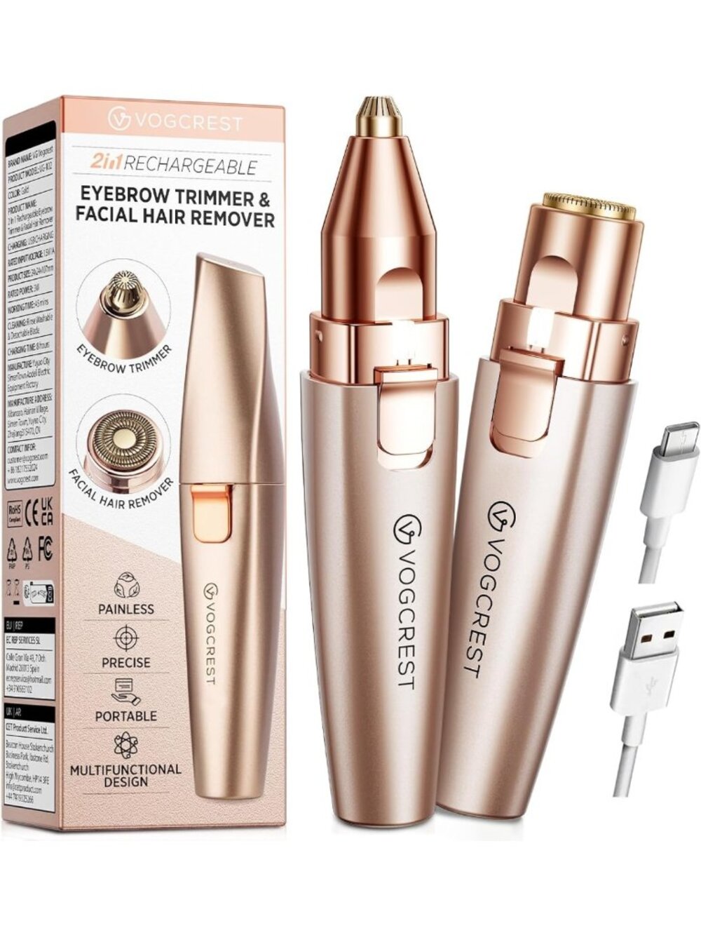 2-in-1 Rechargeable Eyebrow & Facial Hair Trimmer with LED Light - Rose Gold